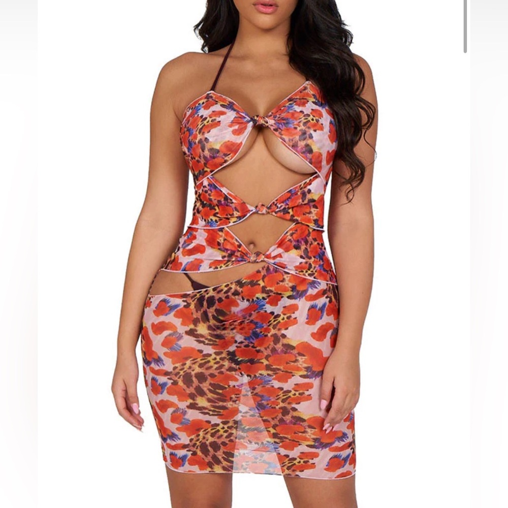 Icon Swim City Girls Animal Print Orange Brown Blue Cutout Swim Coverup - Large